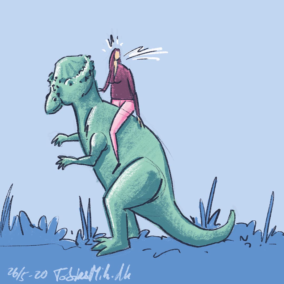 illustration af en kvinde i lilla tøj der sidder på ryggen af en dinosaurus