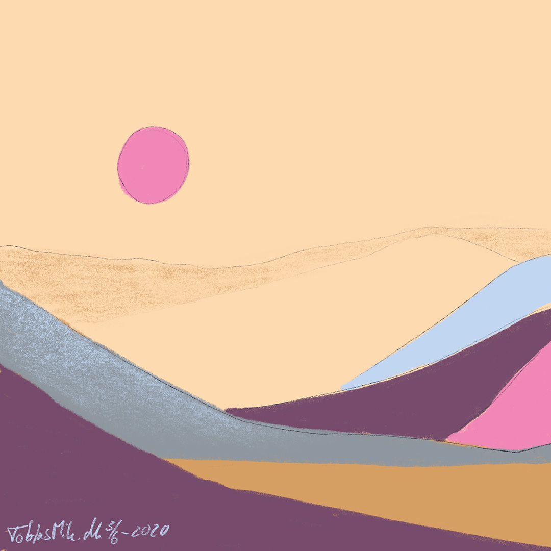 illustration af et ørkenlandskab i forskellige farver med sol der står højt på himlen