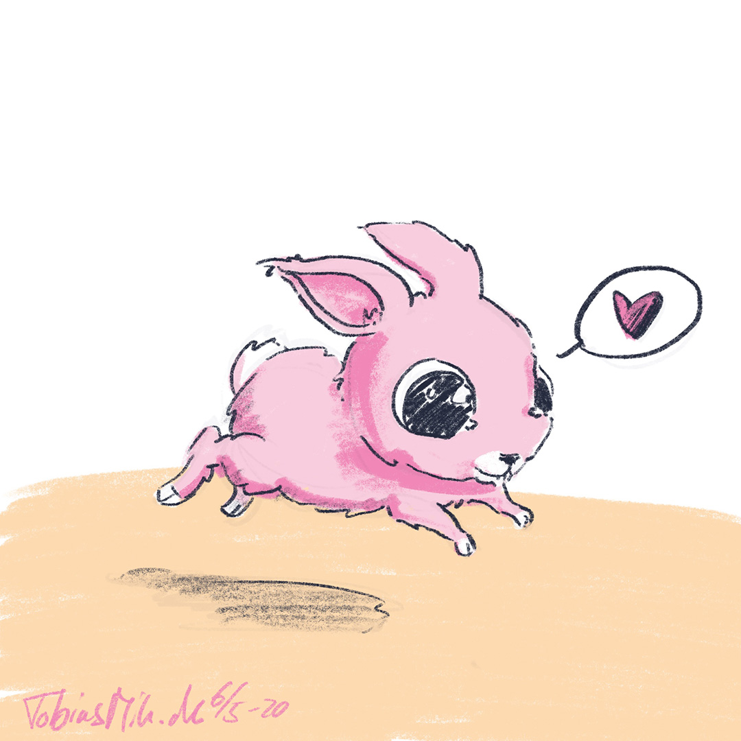Illustration af en sød lyserød kanin der hopper afsted med kærlighed.