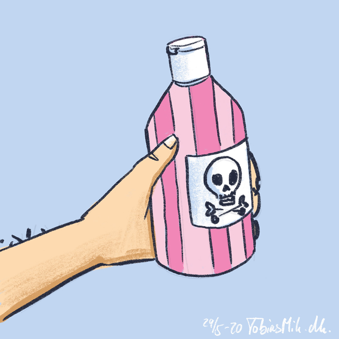 Illustration af en hånd der holder en stribet giftflaske med et stort dødningehoved.