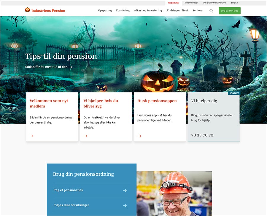 Halloween banner på Industriens Pensions website