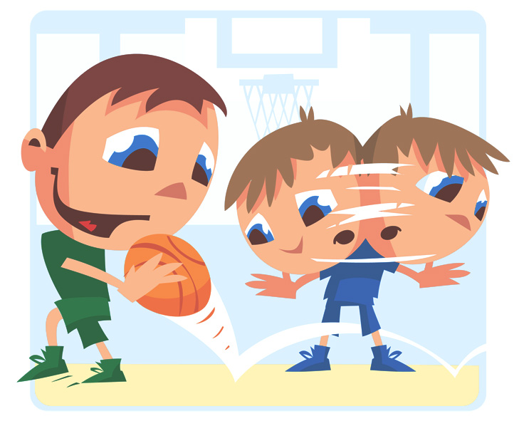 Humoristisk illustration af to drenge der spiller basketball