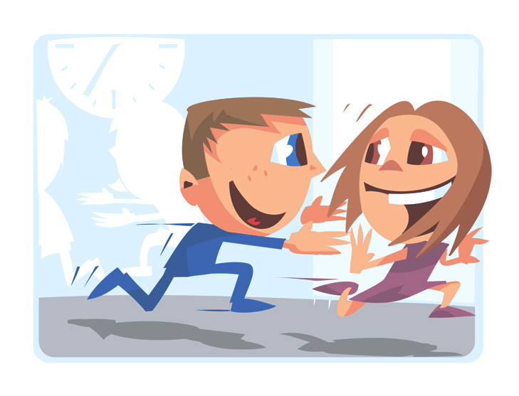 Humoristisk illustration af en dreng og en pige der leger tagfat i en skolegård