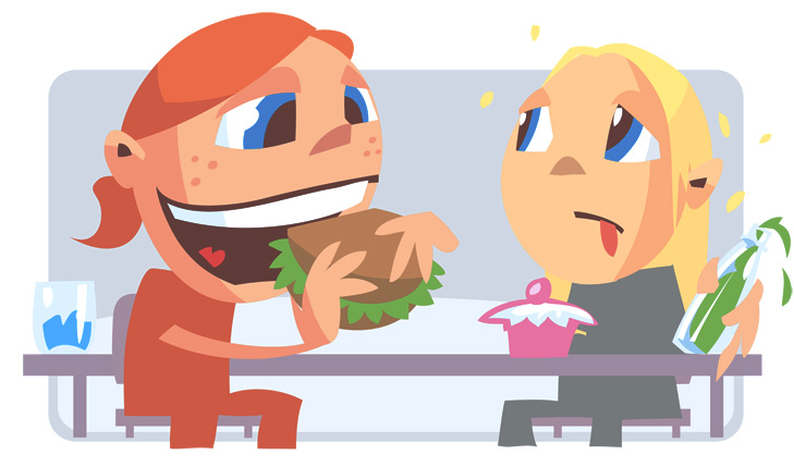 Humoristisk illustration af en pige der spiser sund mad og en pige der spiser usund mad