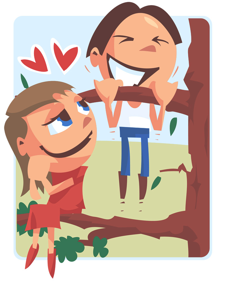 Humoristisk illustration af en pige der kigger kærligt på en dreng der laver gymnastik i et træ